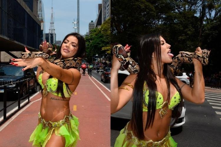 Ex-Miss Bumbum recebe multa de R$ 3 mil após performance com cobra na Avenida Paulista inspirada em Britney Spears