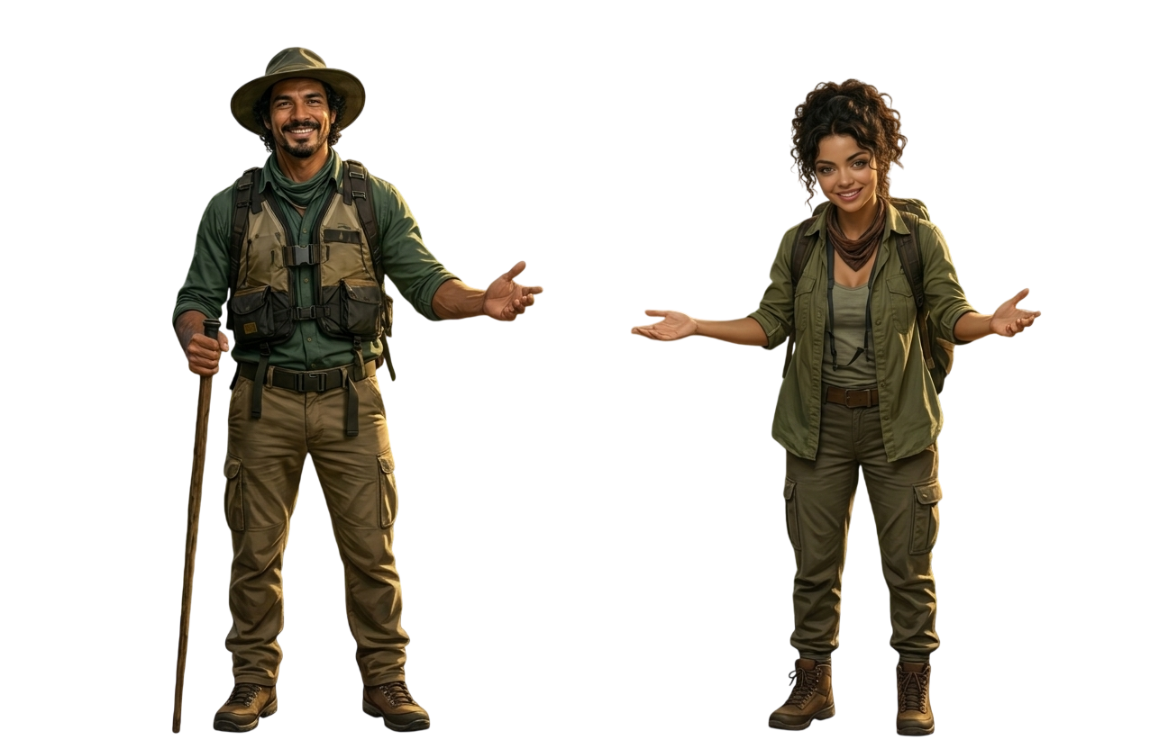 Dois exploradores com mochilas recebem você para uma expedição na Amazônia.